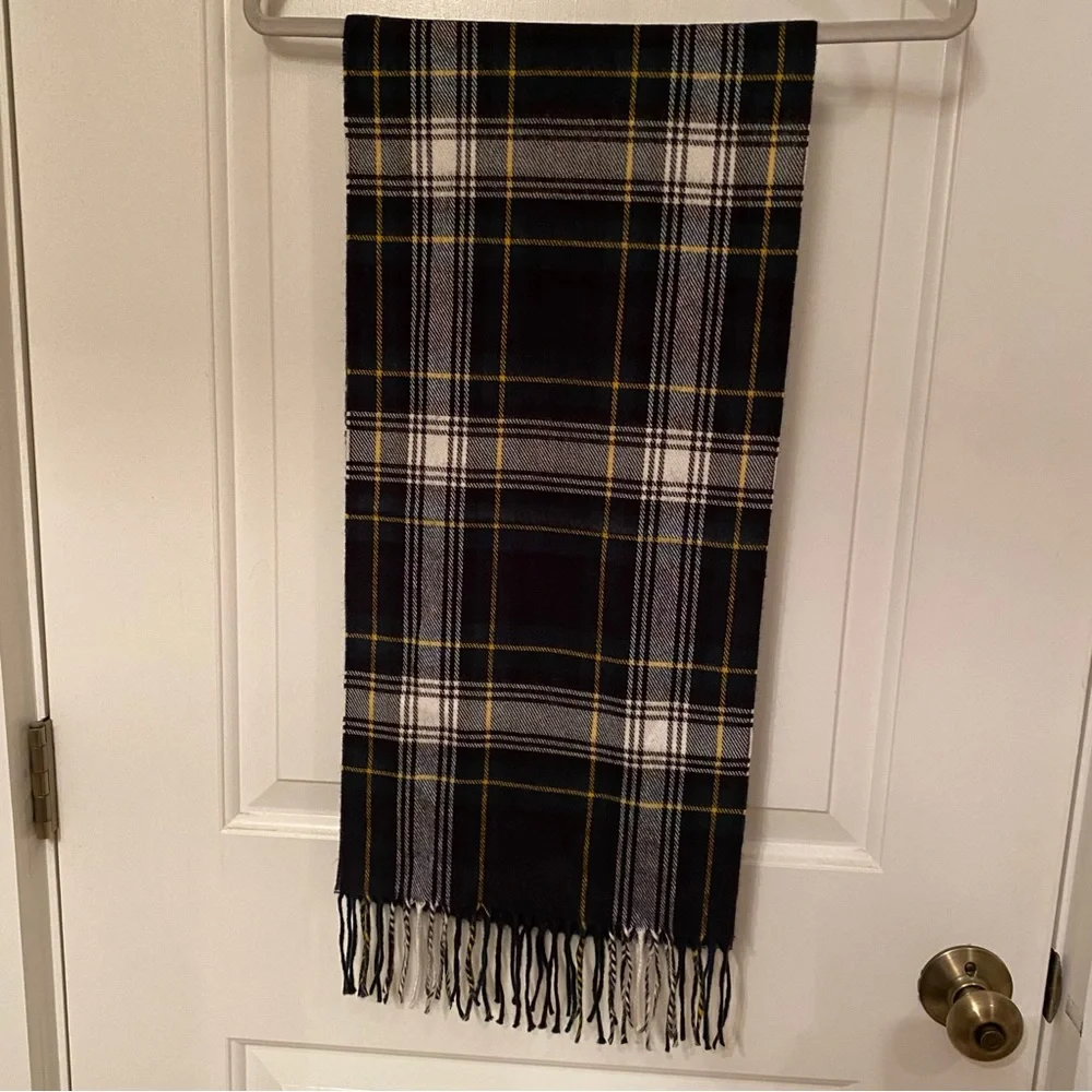 CHRISTIAN DIOR MENS SCARF BLUE WHITE PLAID MUFFLER ACCESSORY FRINGE VINTAGE
